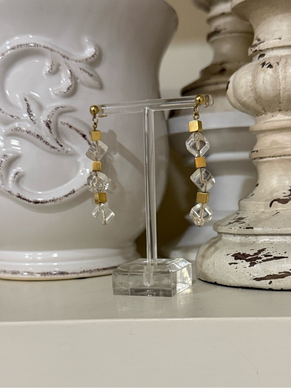 Vintage Napier Gold Tone Perspex Cube Dangle Earrings